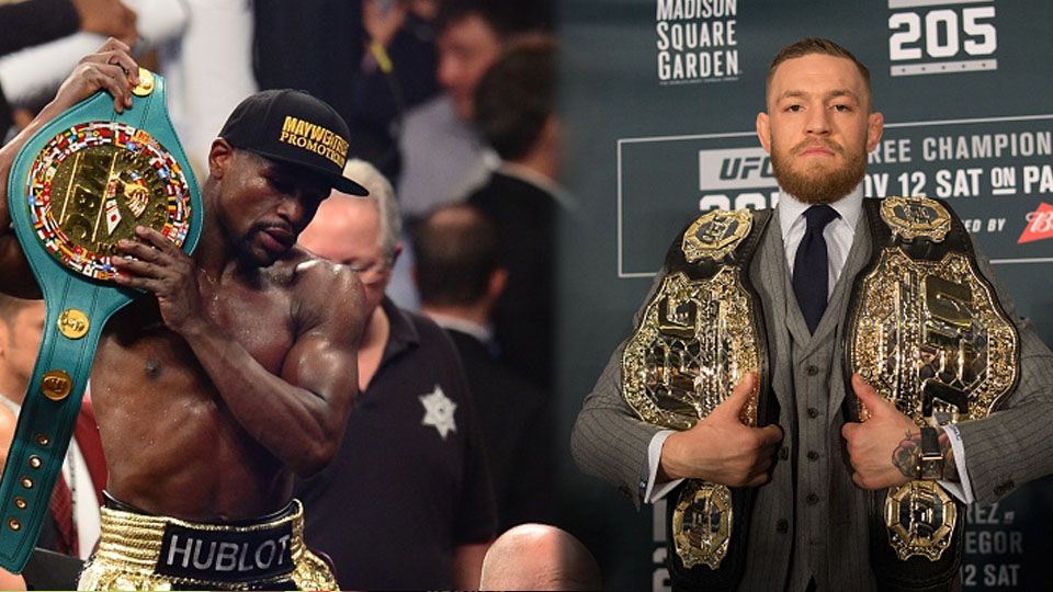 Floyd Mayweather dan Conor McGregor. Copyright: © Indosport/Gettyimages